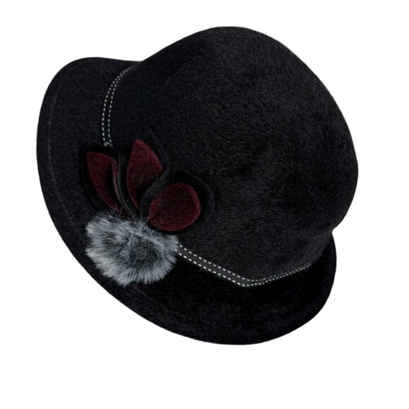 Womens Bowler Black Felt Hat Whitework Embroidery Dome Floral Pom Winter Casual - Picture 7 of 9